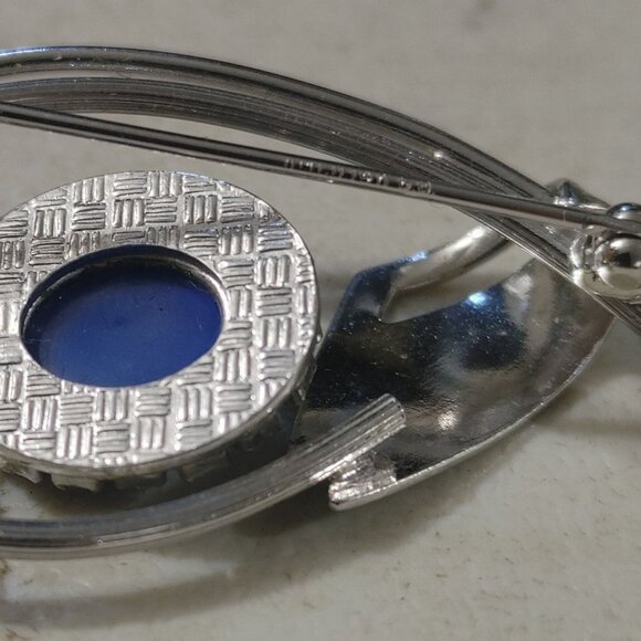 Vintage 14K GF Brooch Blue Star Sapphire Stone Intricate Silver Tone Mid Century - Picture 3 of 6